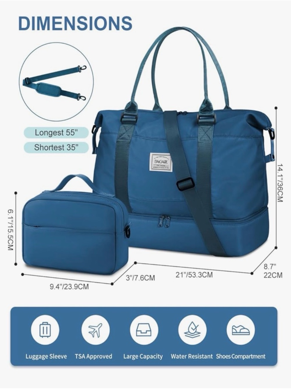 Navy Quilted Travel Duffel Bag with Shoe Compartment NWOT - Picture 3 of 8